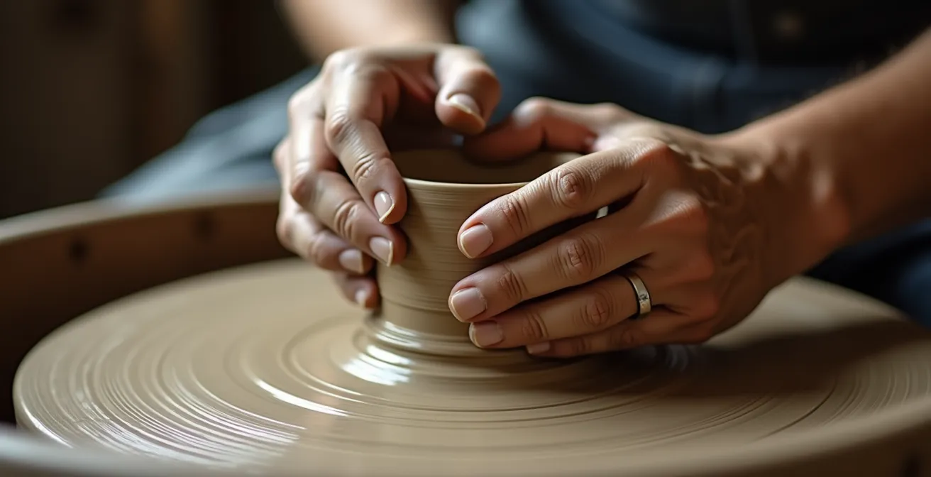 Gros plan sur des mains travaillant l'argile dans un atelier de poterie
