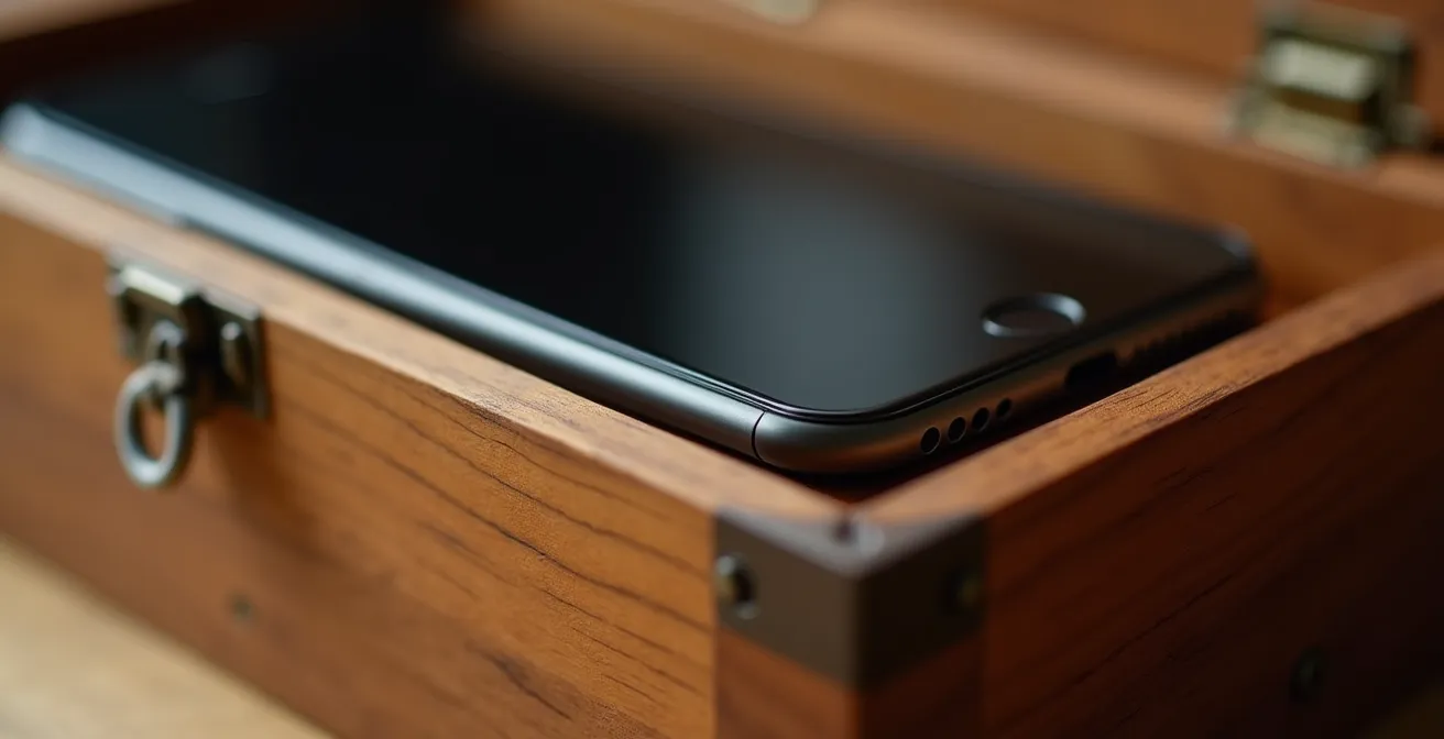 Boîte en bois contenant deux smartphones éteints, symbolisant la déconnexion digitale pendant le dîner