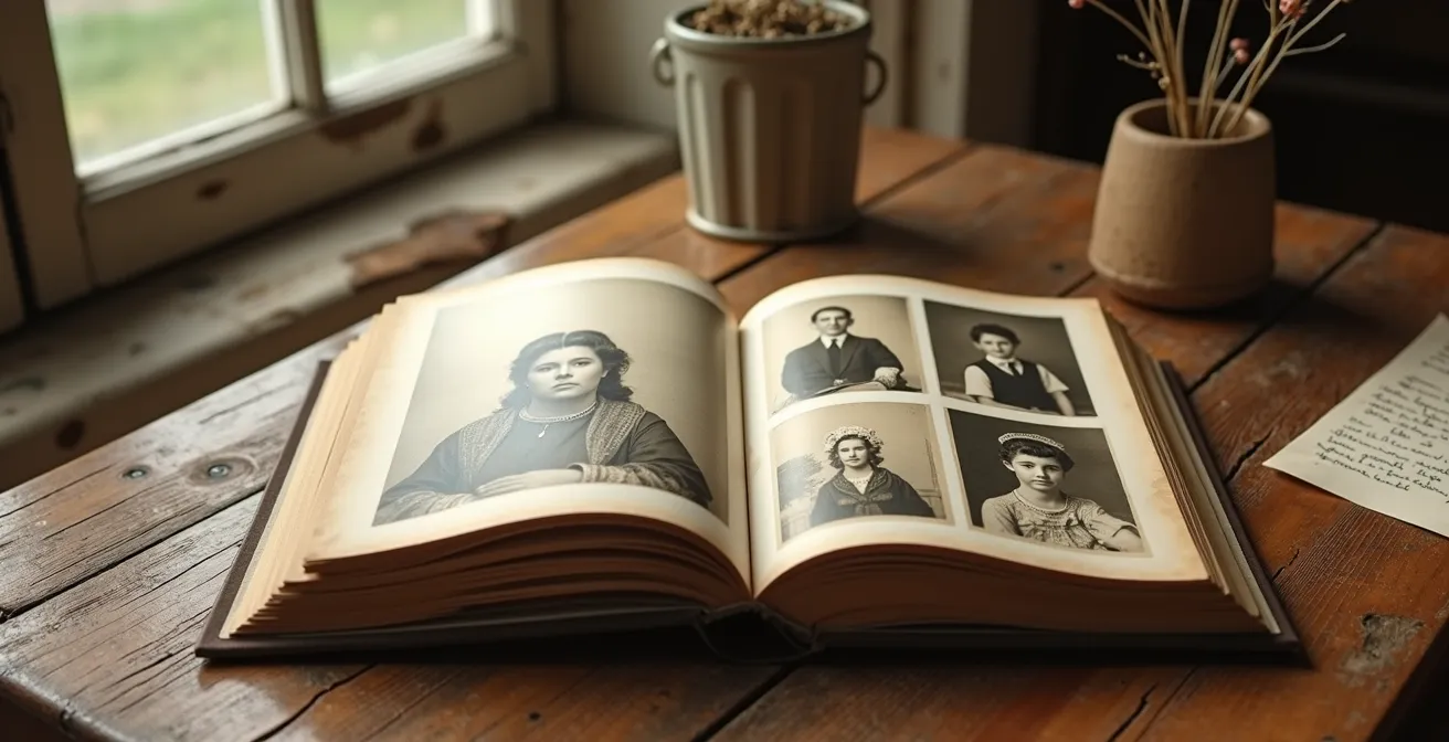 Album photo ancien ouvert montrant des souvenirs familiaux précieux