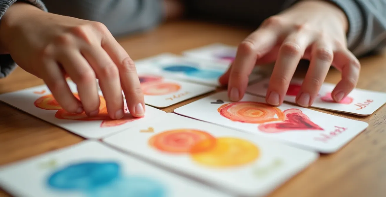 Cartes colorées avec des symboles abstraits représentant émotions et besoins étalées sur une table, mains d'enfants et d'adultes les manipulant