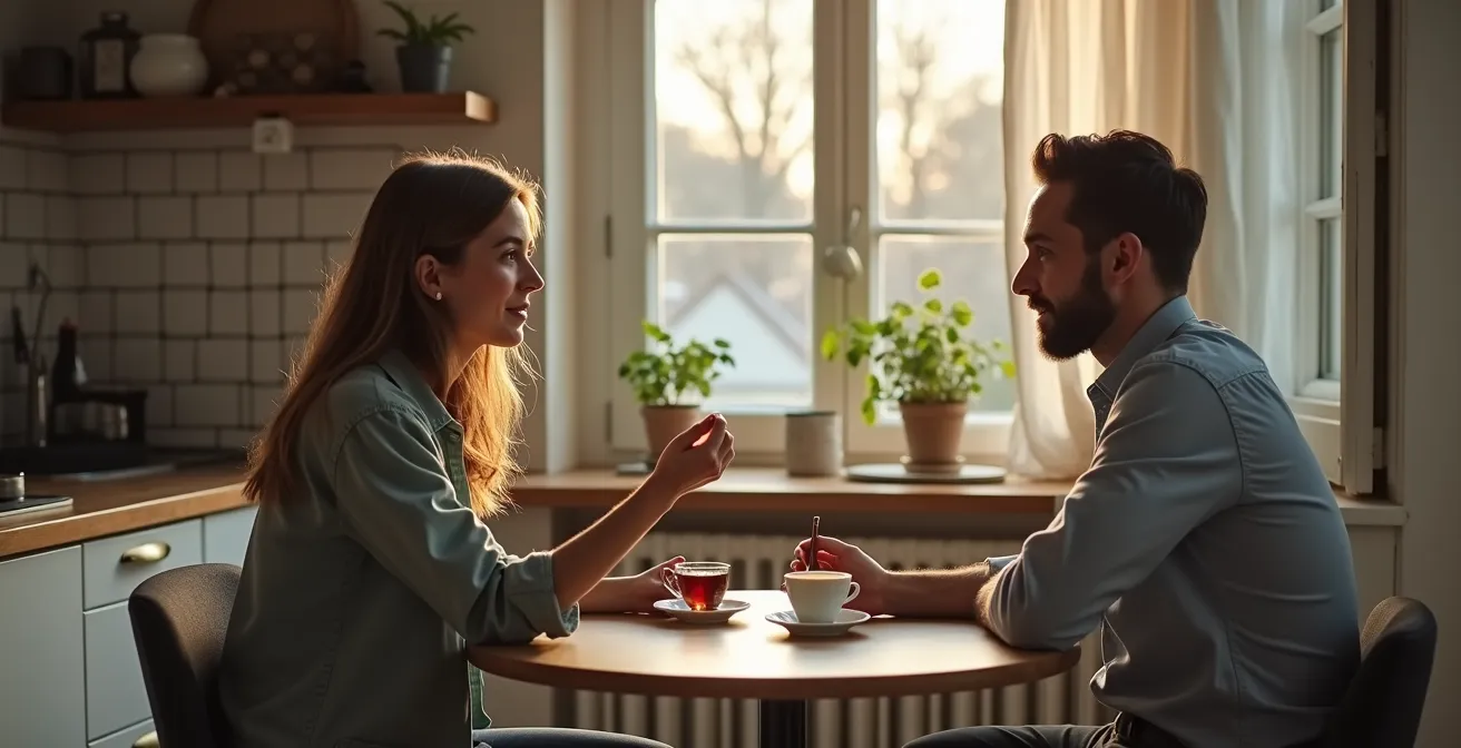 Couple assis face à face dans cuisine française, échange calme autour d'une tasse de thé