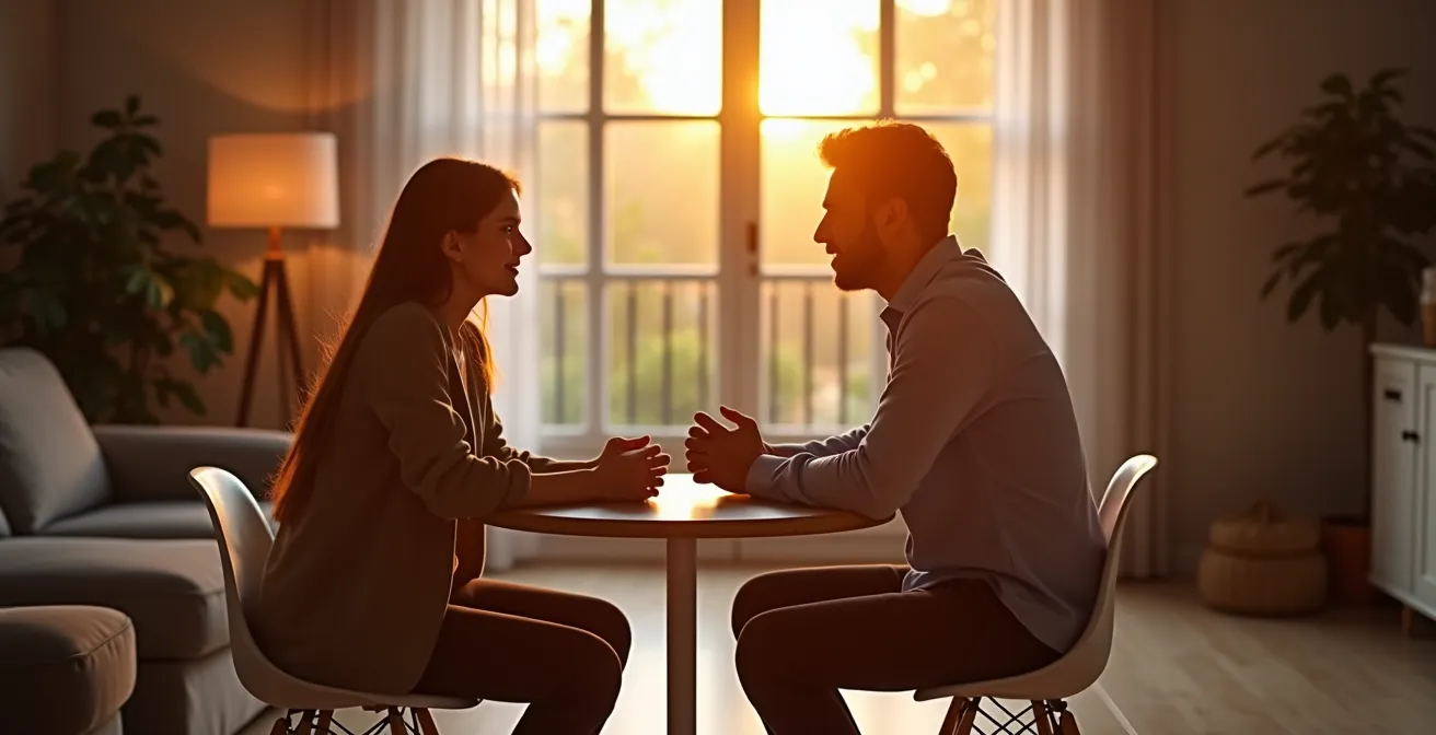 Un couple en discussion bienveillante, assis face à face dans un cadre intime et sécurisant