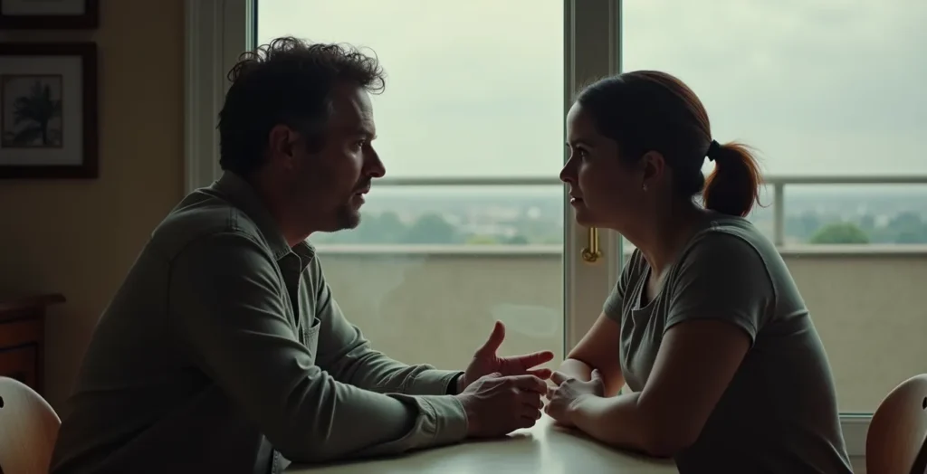 Deux personnes assises face à face dans une ambiance calme, en train de discuter sereinement avec expression ouverte et bienveillante