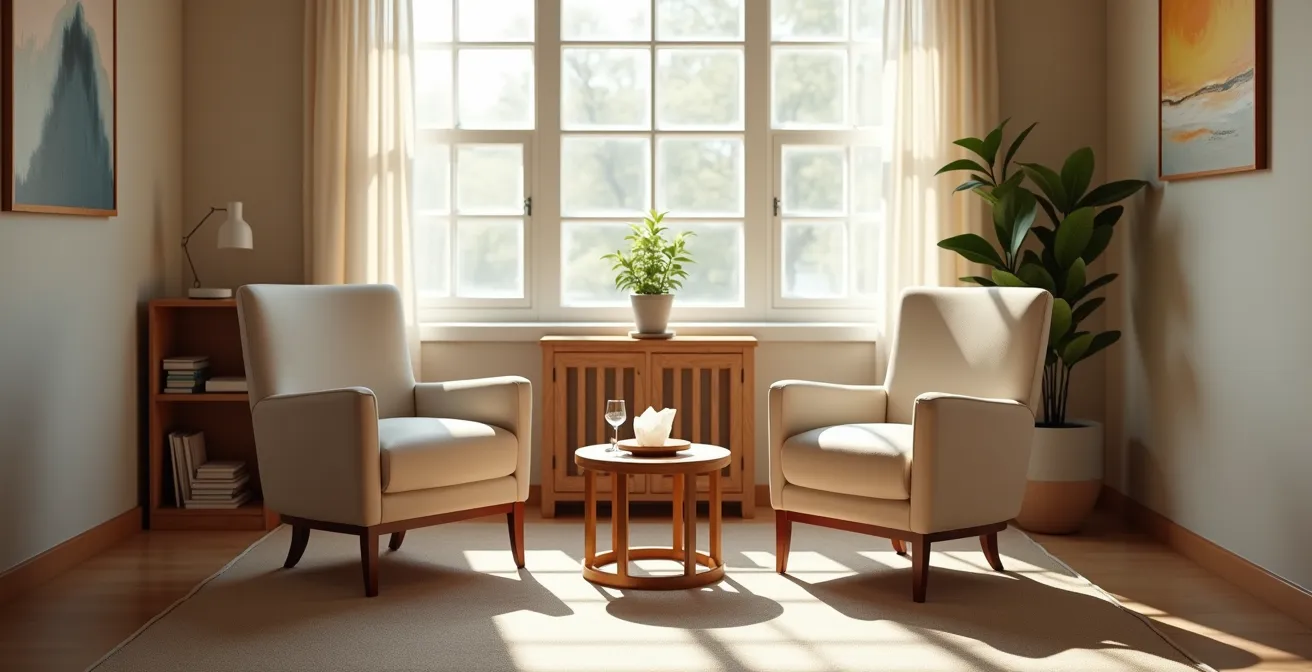 Un cabinet de thérapeute lumineux et accueillant préparé pour recevoir un couple