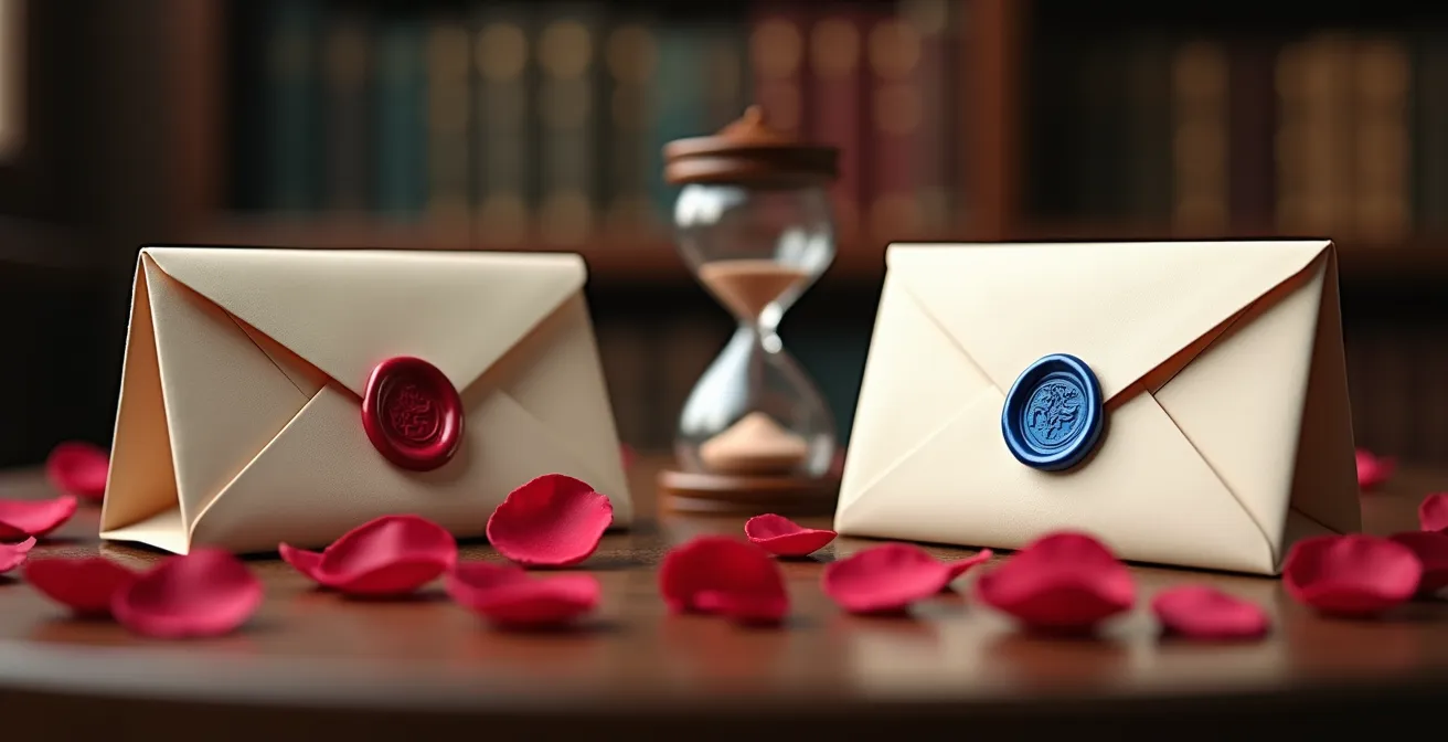 Métaphore visuelle du contrat relationnel avec deux documents symboliques côte à côte