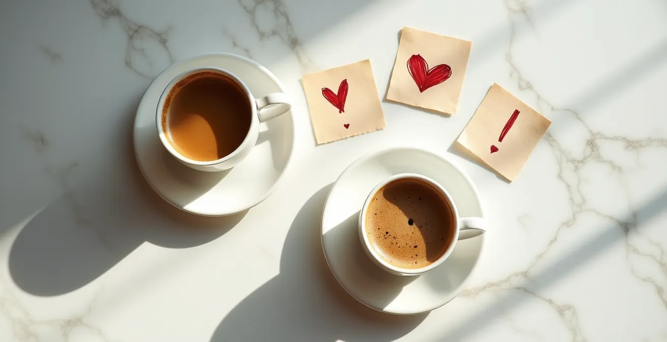 Illustration minimaliste d'une conversation engageante sur une application de rencontre