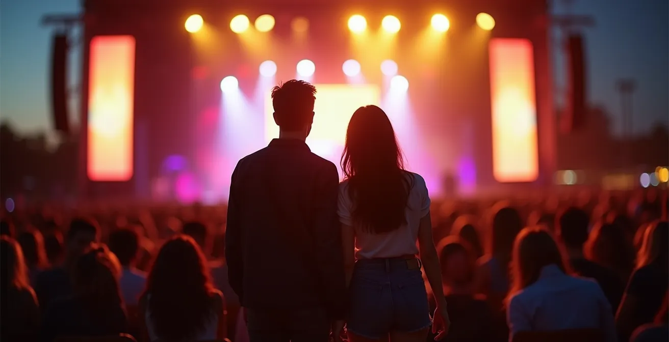 Couple partageant un moment d'émotion lors d'un concert en plein air