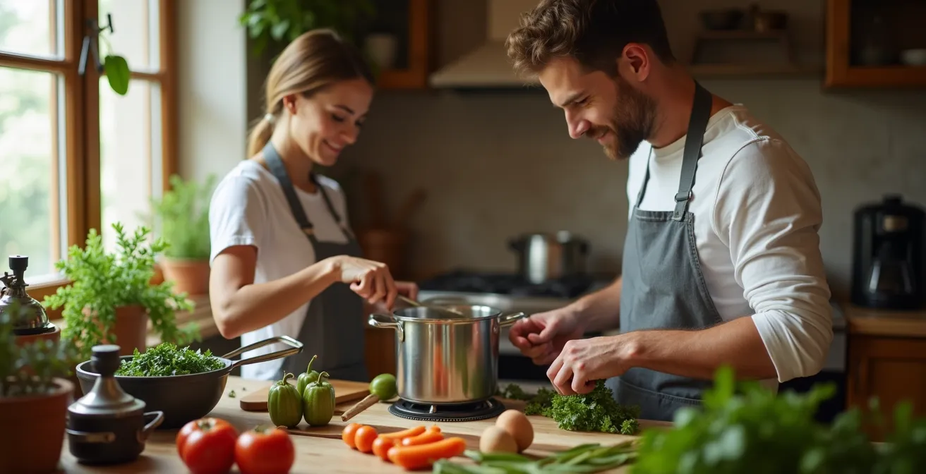 Couple préparant un repas ensemble dans une cuisine, moment de complicité et de synchronisation