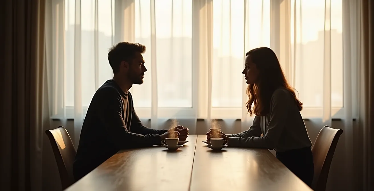 Un couple en conversation profonde, assis face à face, dans un environnement apaisant symbolisant la reconstruction de la confiance.