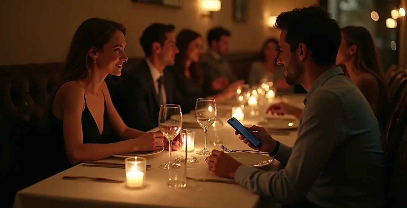 Un couple lors d'un dîner aux chandelles avec leurs téléphones posés à l'écart sur une étagère