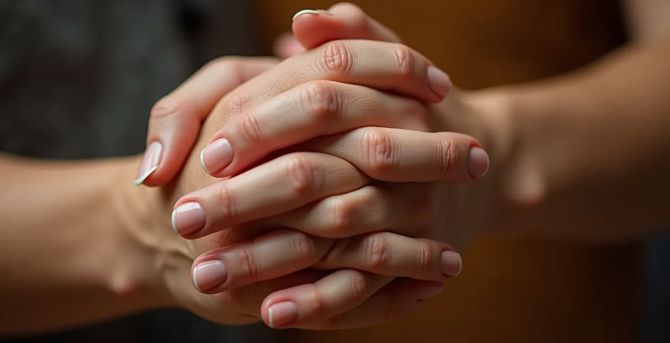 Gros plan sur les mains entrelacées d'un couple lors d'une étreinte intime montrant la texture de la peau