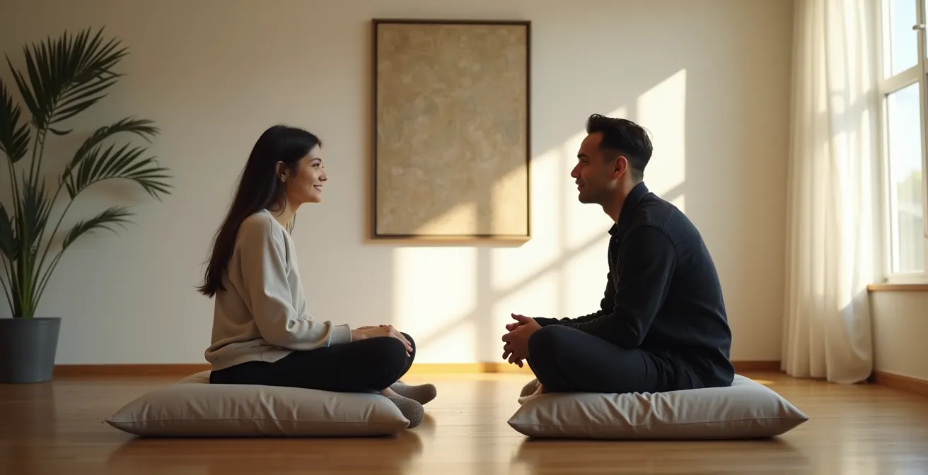 Un couple pratiquant l'exercice du dialogue miroir face à face