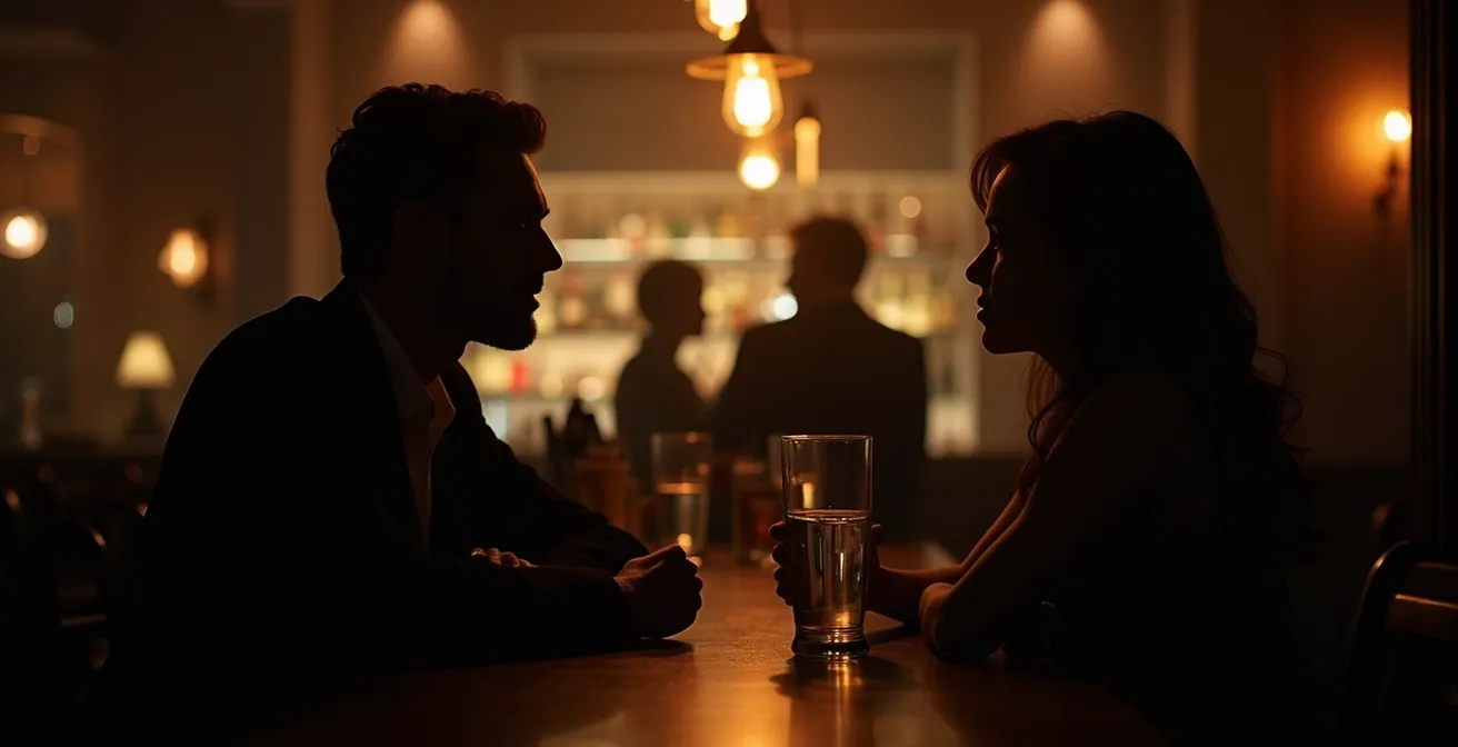 Silhouettes d'un couple dans un bar d'hôtel parisien, atmosphère mystérieuse et séduisante