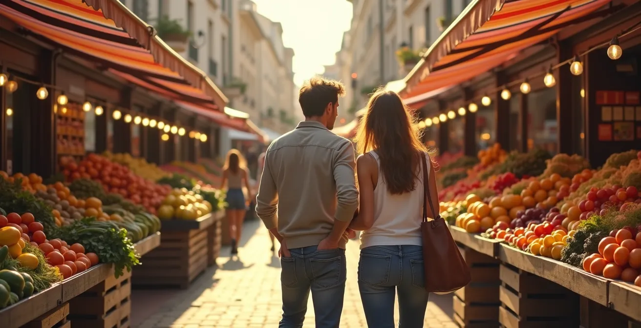 Un couple choisissant ensemble des produits sur un marché provençal coloré