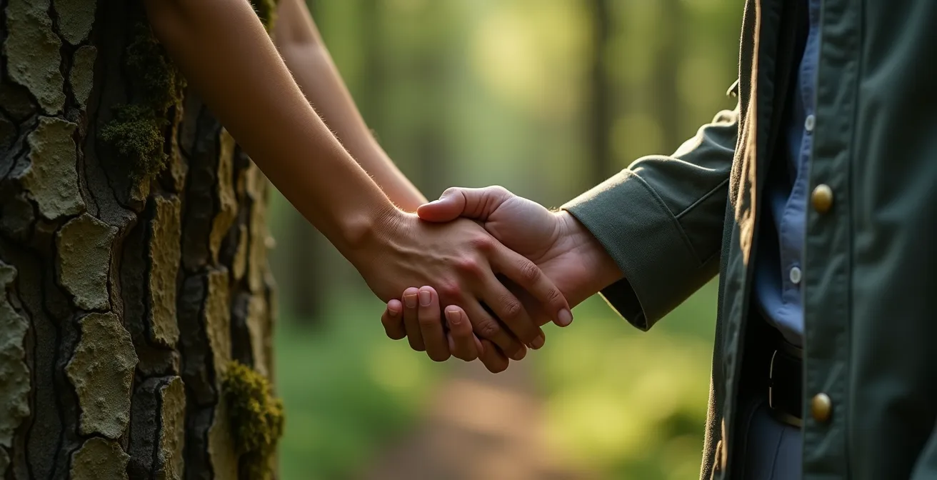 Couple découvrant un sentier forestier secret près de chez eux