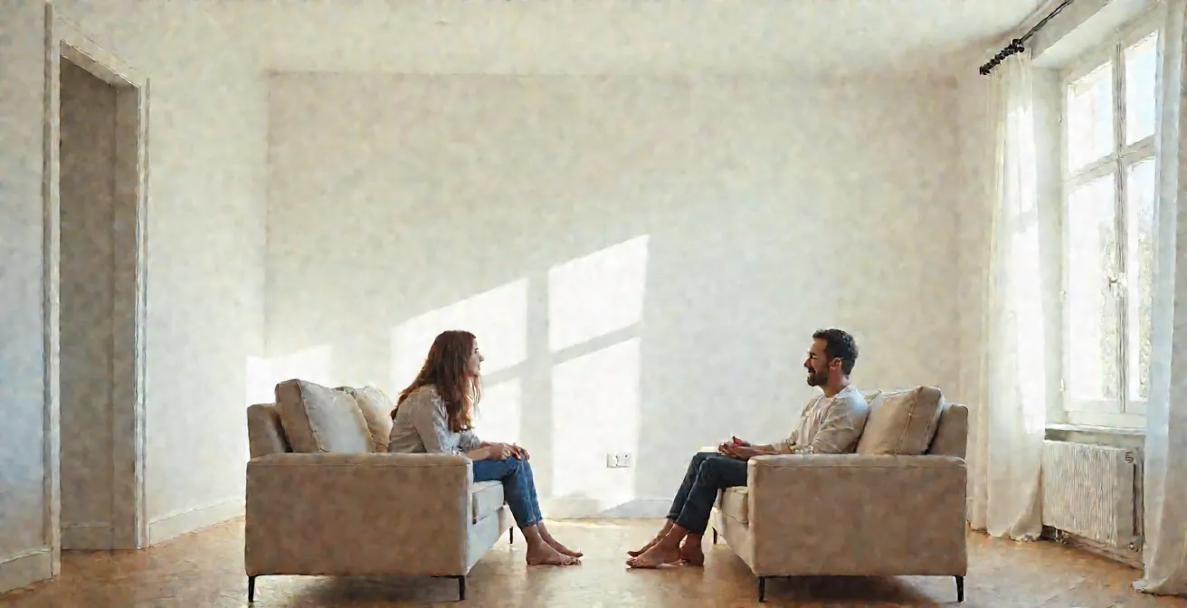 Deux personnes assises face à face sur un canapé, mains tendues l'une vers l'autre dans un geste d'apaisement