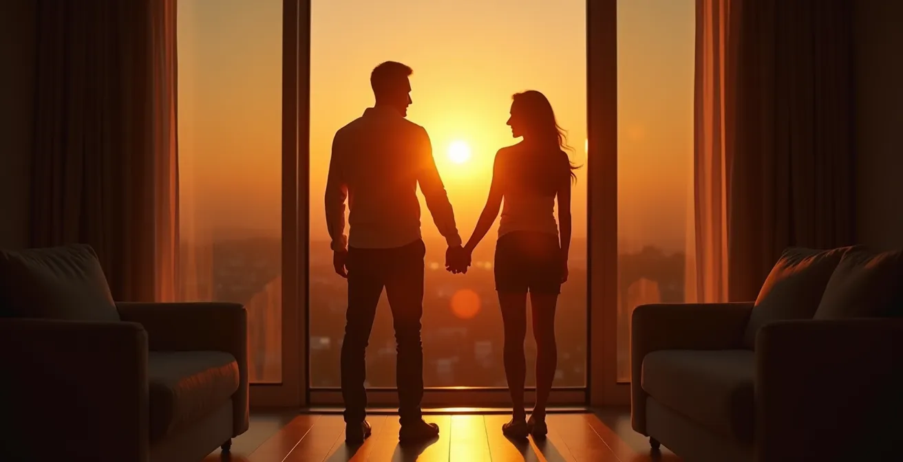 Un couple se tenant la main et regardant un lever de soleil, symbolisant un nouveau départ et la renaissance de leur relation.
