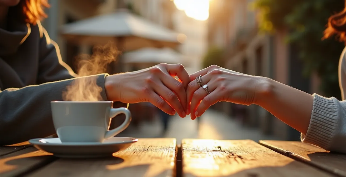 Couple savourant un moment de calme à une terrasse de café français