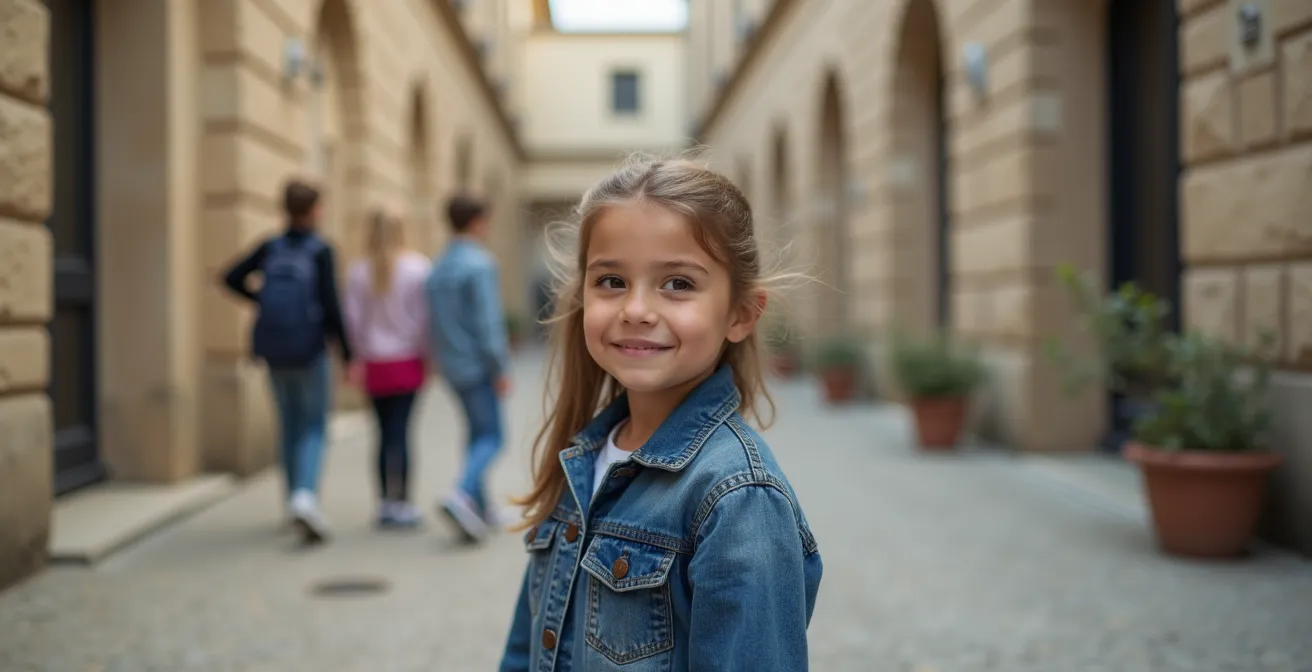 Enfant debout avec une posture confiante dans une cour d'école, entouré de camarades flous en arrière-plan