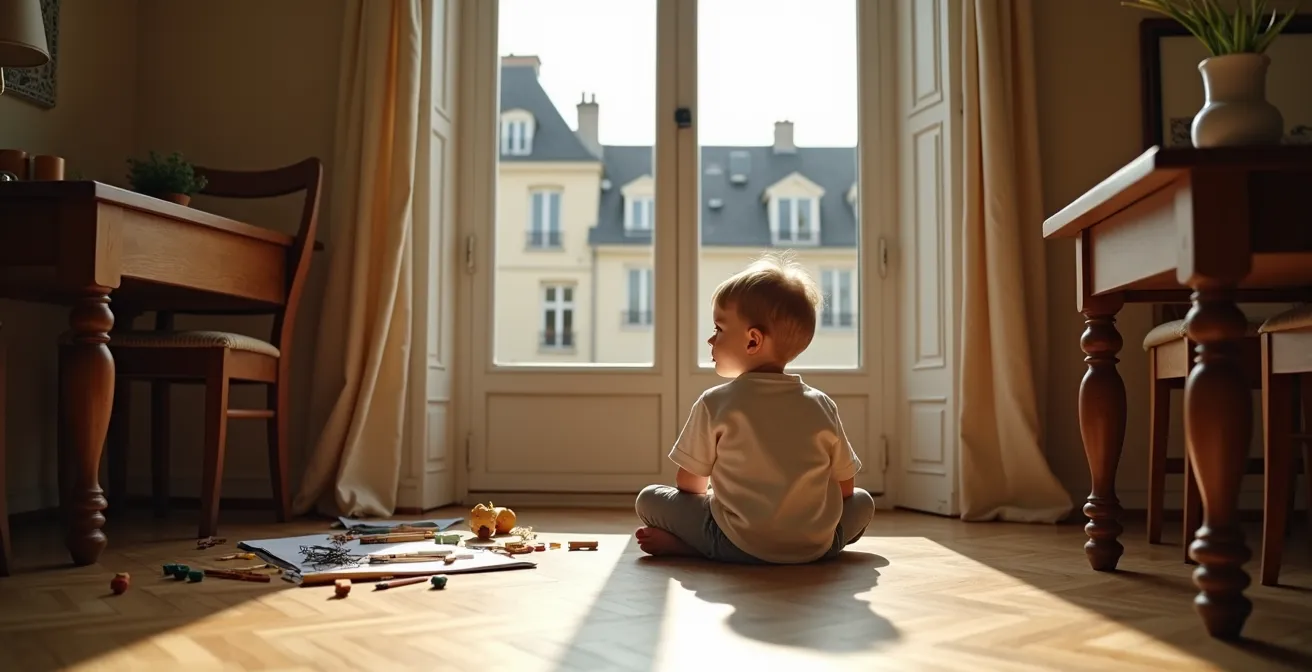 Enfant observant paisiblement par la fenêtre dans un moment de calme créatif