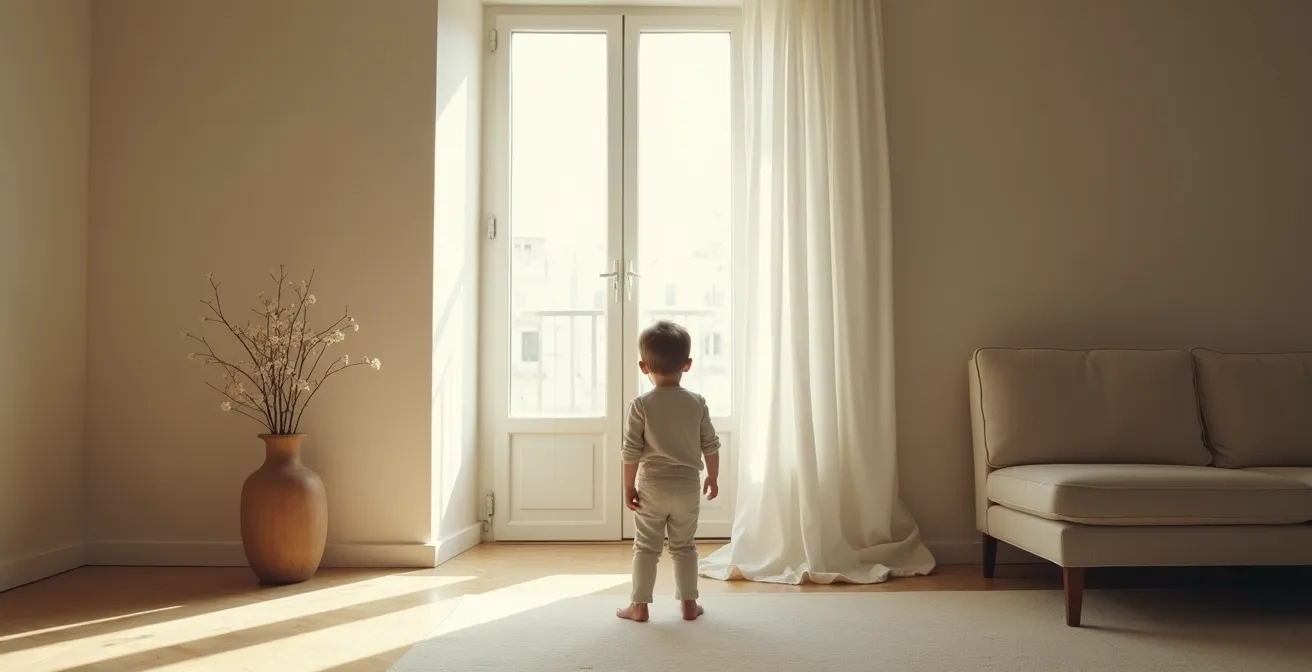 Enfant seul dans un salon minimaliste, réfléchissant près d'une fenêtre, symbolisant une prise de décision morale.