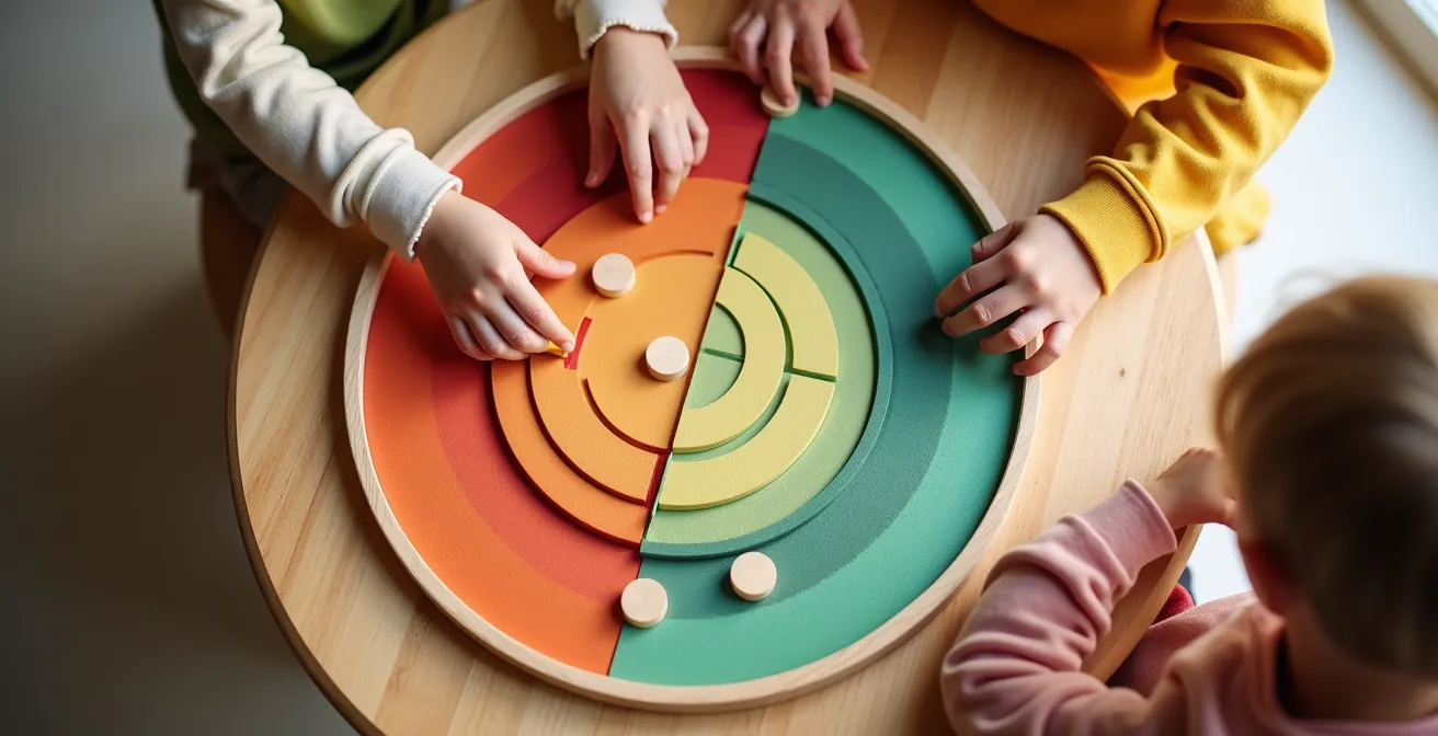 Deux enfants assis à une petite table avec un cercle coloré gradué posé entre eux, manipulant des pions pour évaluer une solution