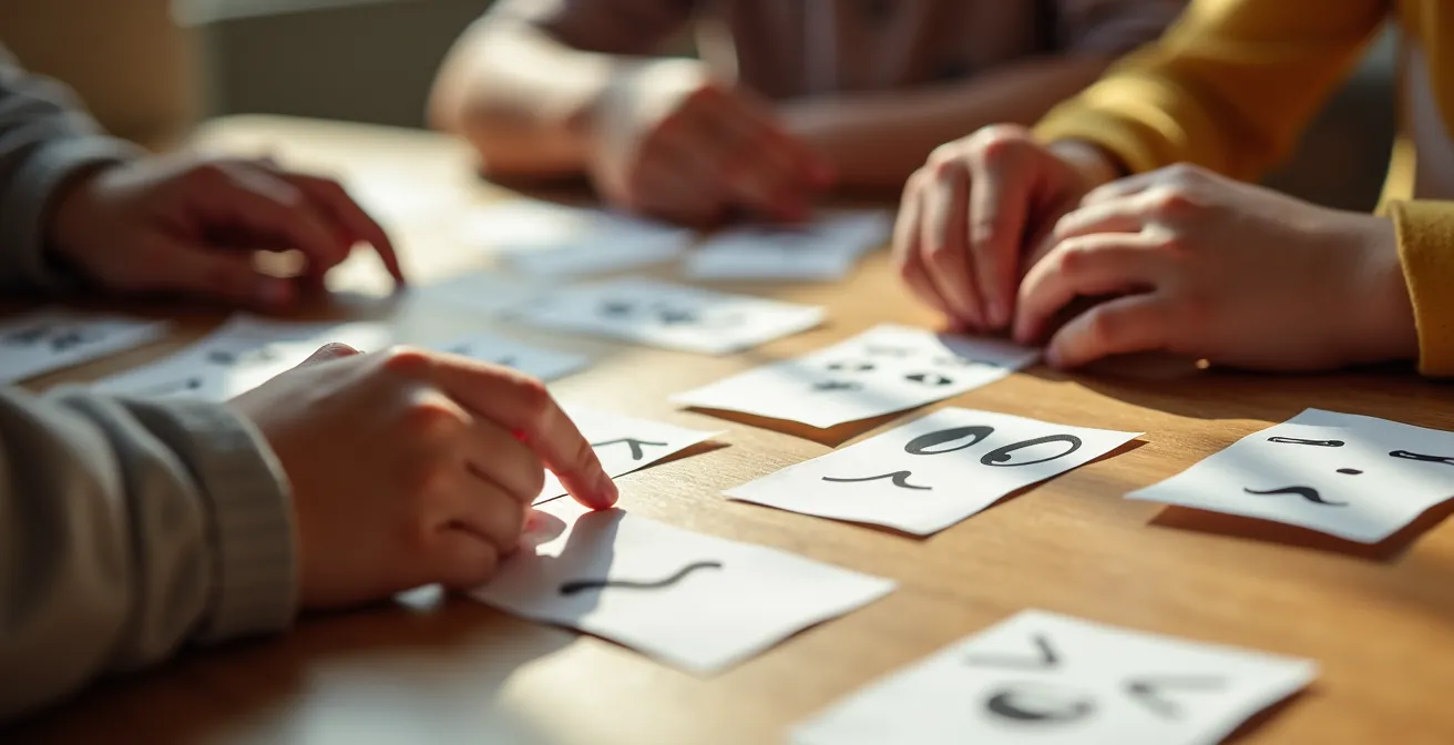 Parents et enfants pratiquant un exercice d'empathie autour d'une table en manipulant des cartes d'émotions.
