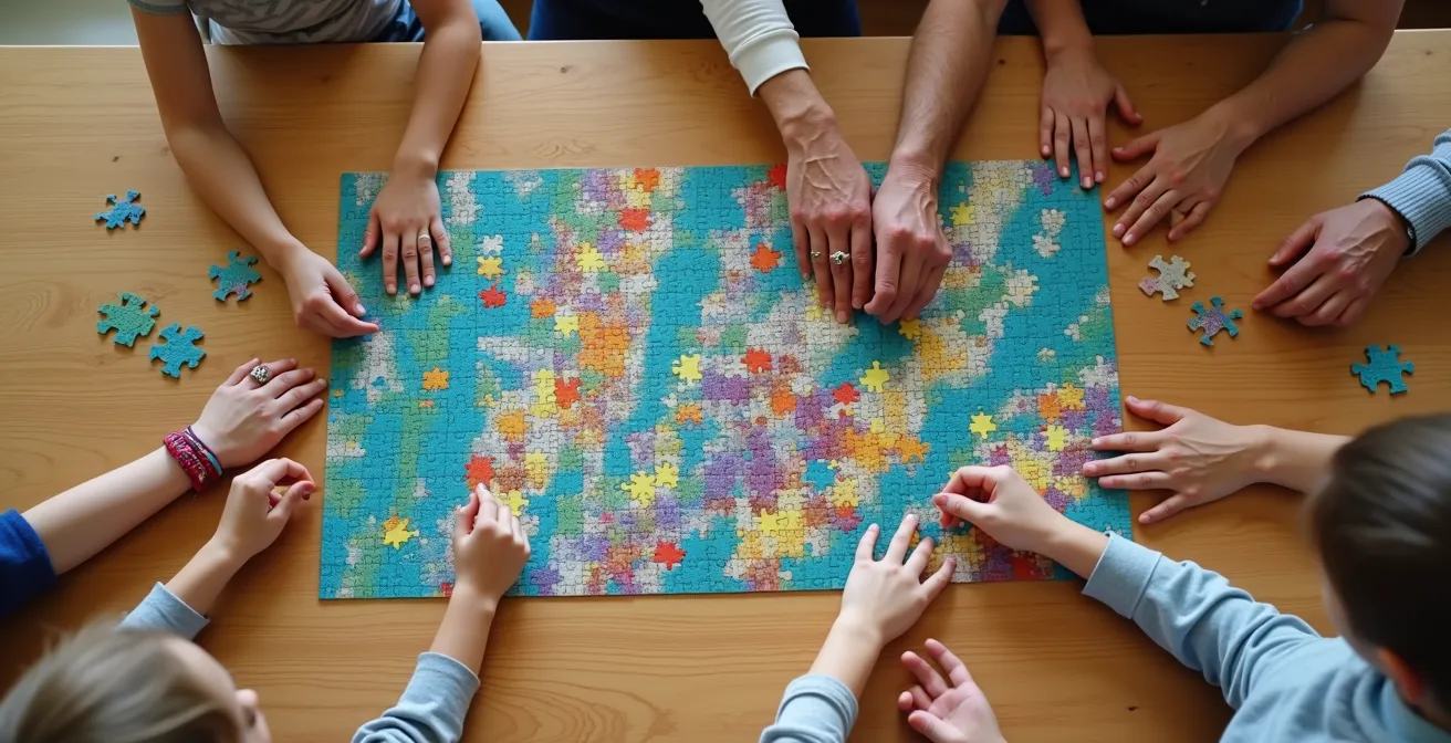Une famille française travaillant ensemble sur un grand puzzle coloré, vue d'en haut montrant leurs mains qui s'entraident
