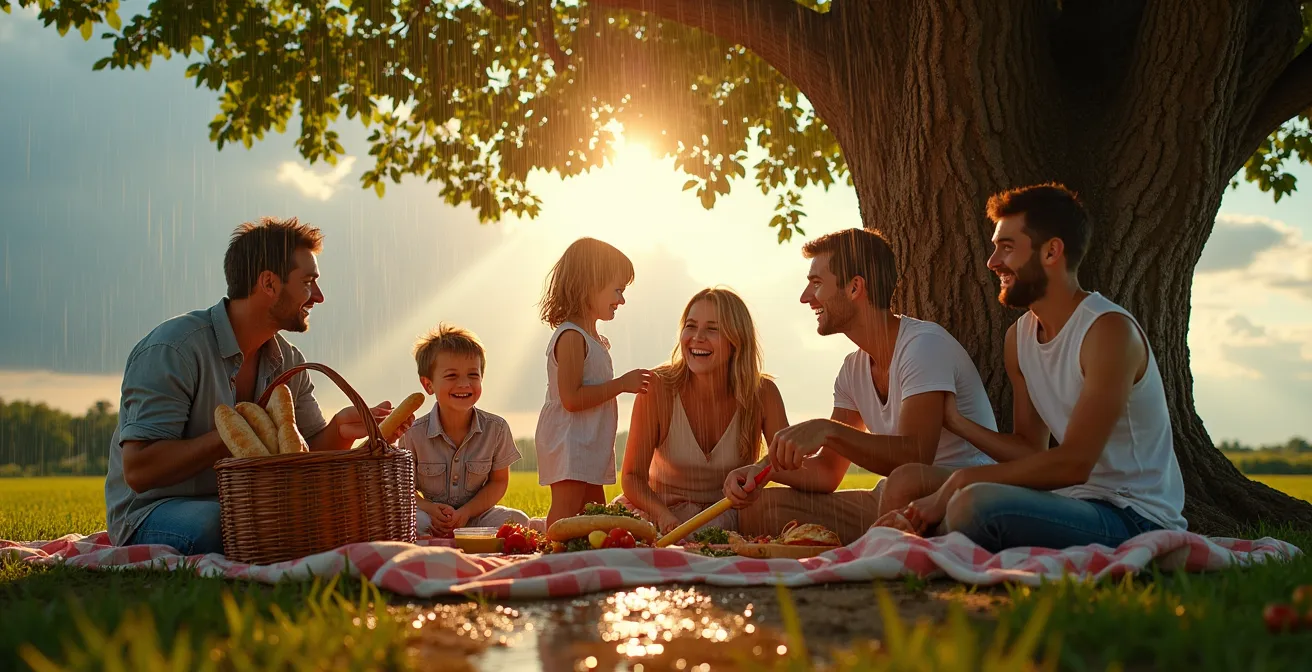 Famille française riant sous la pluie lors d'un pique-nique improvisé