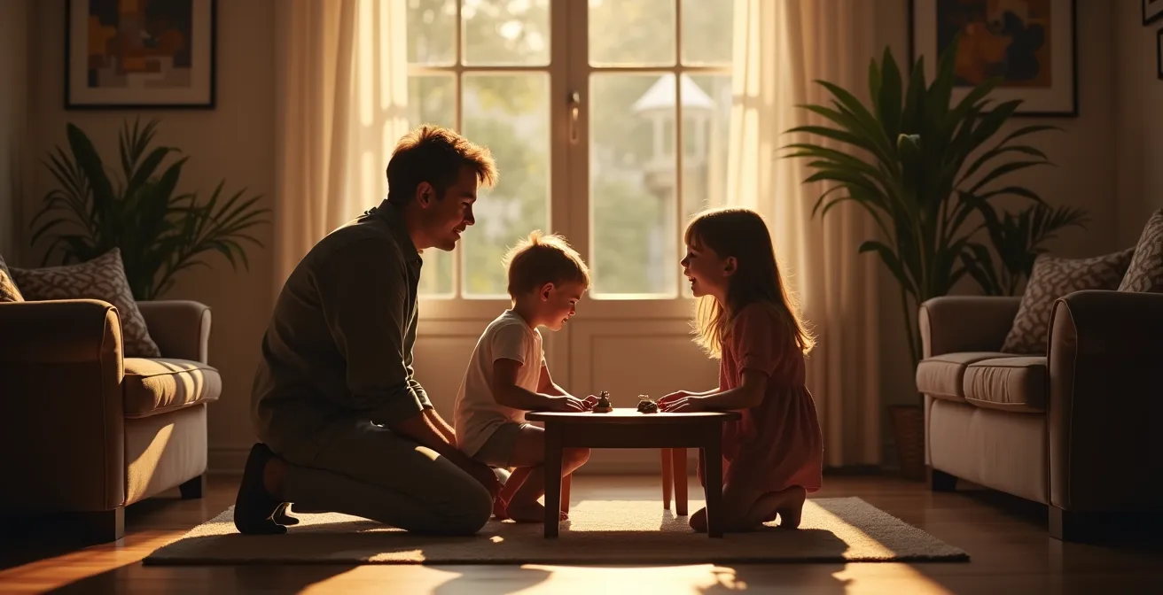 Deux enfants en discussion animée avec un parent médiateur dans un espace familial français