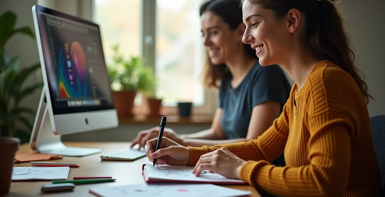 Personne partageant du contenu créatif sur ordinateur dans un espace collaboratif