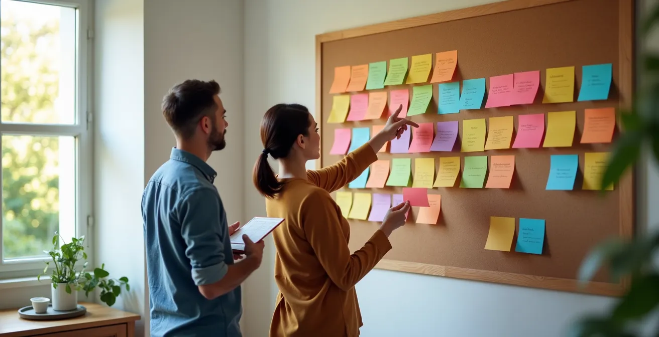 Couple analysant ensemble une matrice de répartition des tâches sur un tableau