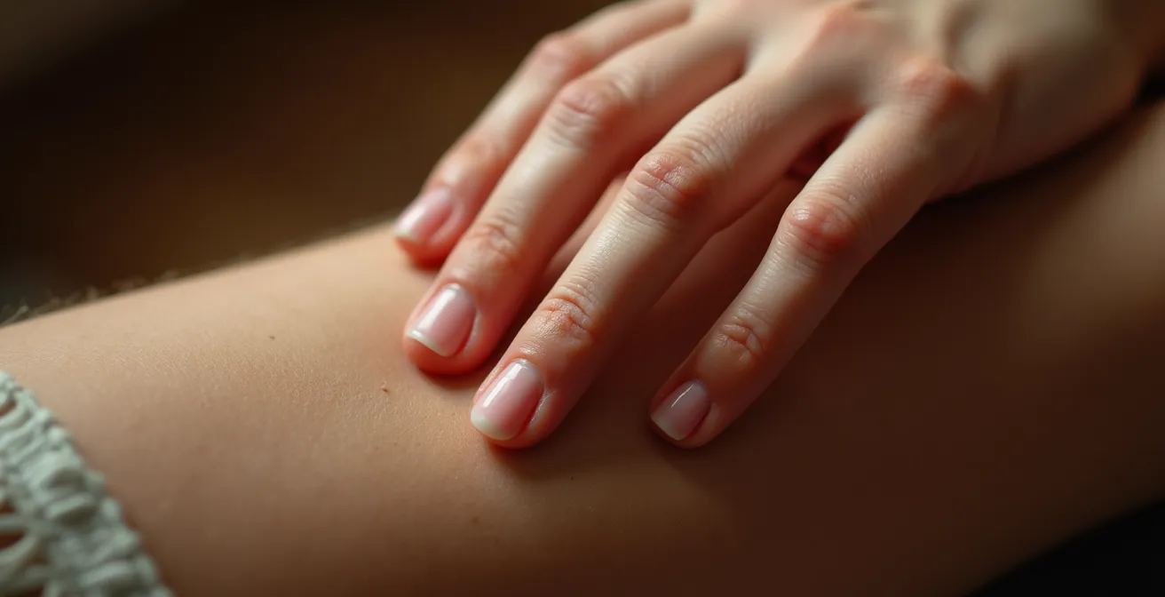 Gros plan sur une main qui se pose délicatement sur un avant-bras, texture de la peau et lumière douce