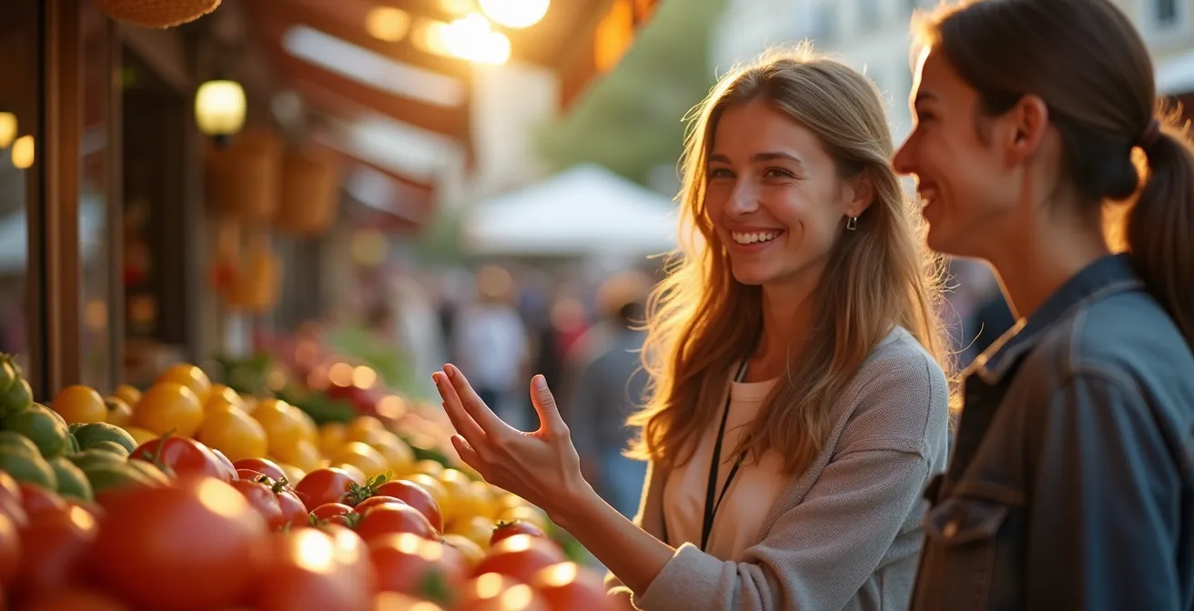 Interaction spontanée entre deux personnes sur un marché français traditionnel