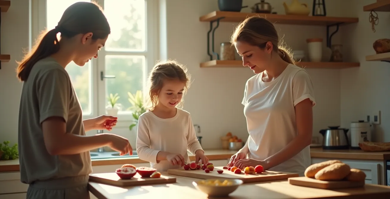 Parent et adolescent discutant ensemble dans une cuisine française pendant la préparation du goûter