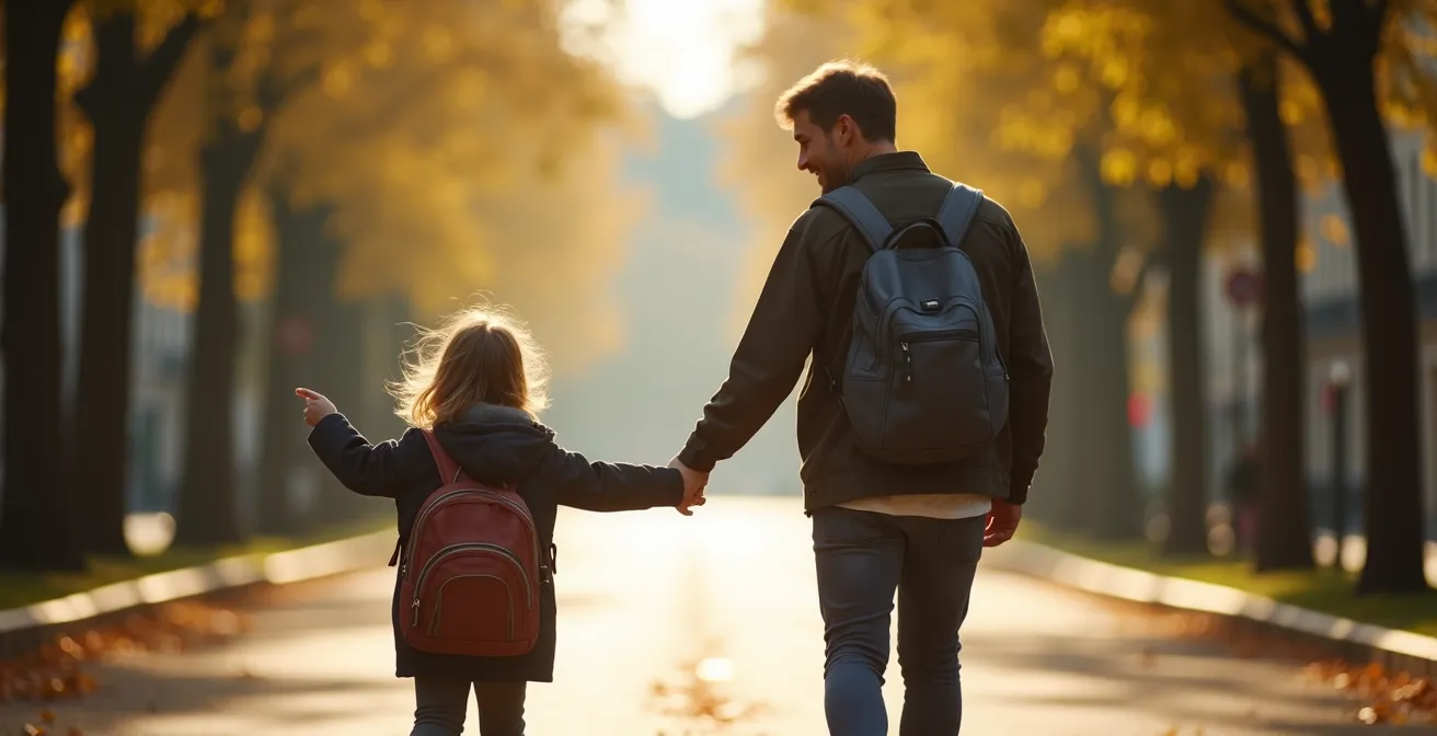 Parent et enfant marchant ensemble vers l'école dans une rue française bordée d'arbres