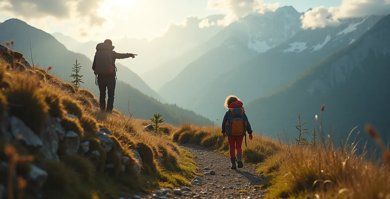 Parent et enfant en randonnée, le parent montre le chemin sans porter le sac de l'enfant