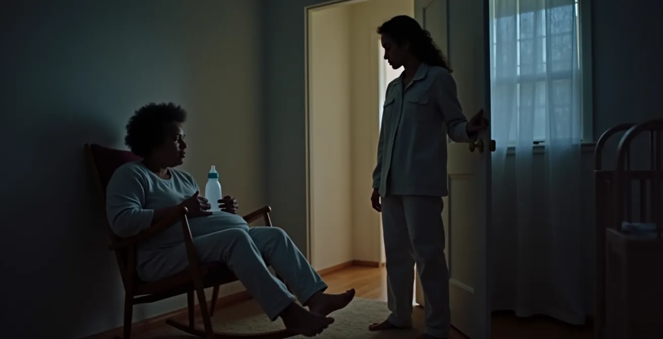 Parents épuisés se relayant dans la chambre de bébé la nuit