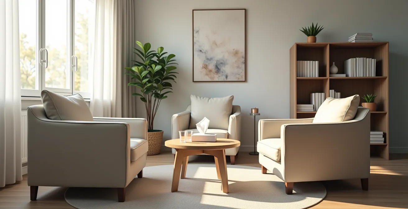 Vue d'ensemble d'un cabinet de thérapie lors d'une première séance