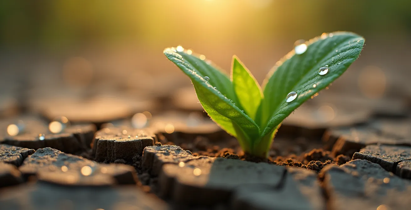 Détail macro d'une nouvelle pousse végétale symbolisant la renaissance après la crise