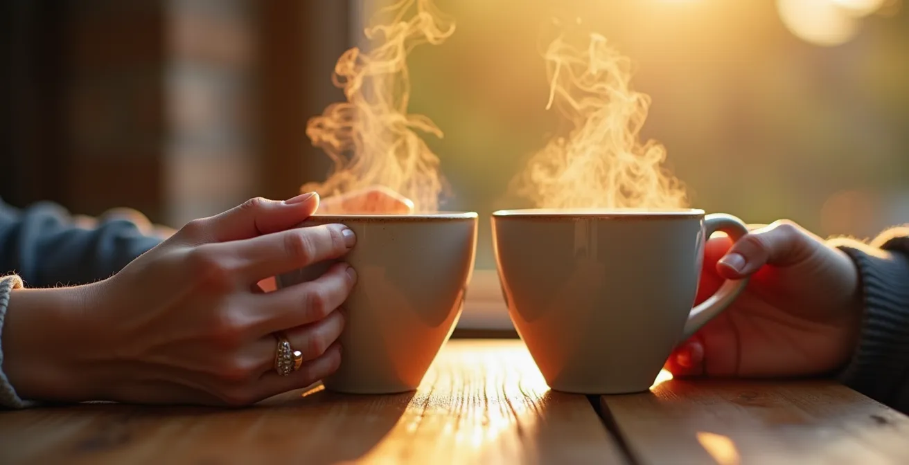 Gros plan sur deux mains tenant des tasses de café, vapeur visible, lumière matinale douce