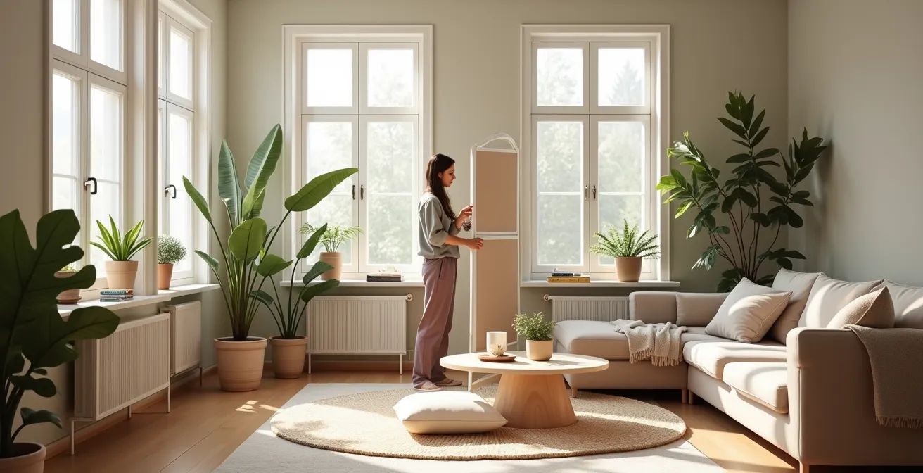 Personne installant un paravent dans un salon pour créer un espace de travail personnel