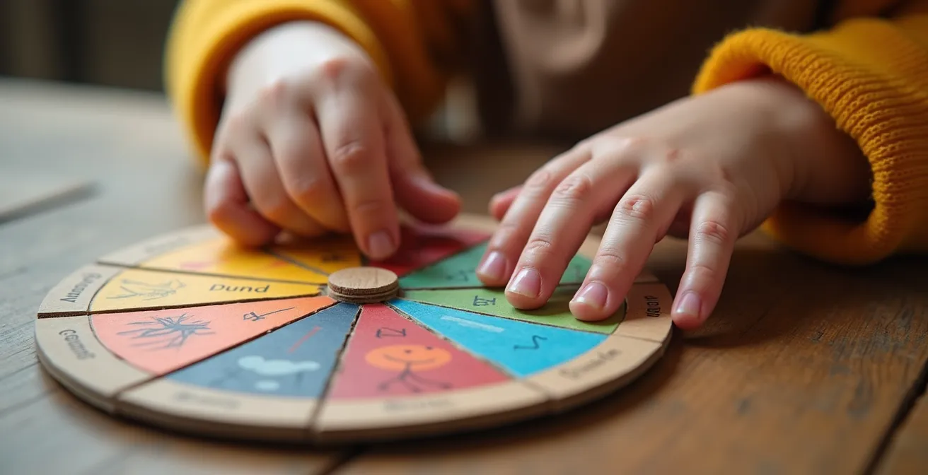 Roue colorée des émotions avec illustrations adaptées aux enfants dans un contexte familial français