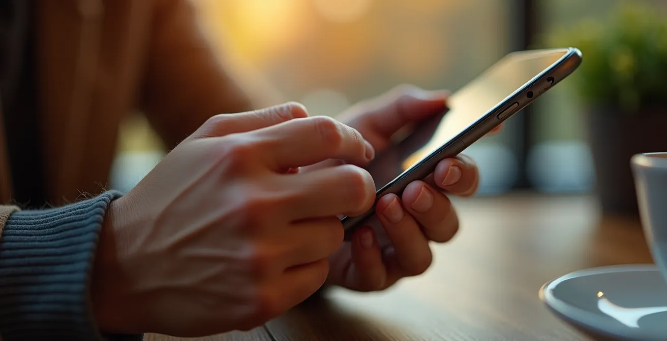 Vue macro de mains tenant délicatement un smartphone montrant des interactions chaleureuses