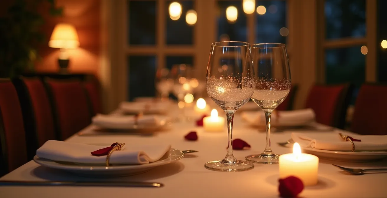 Table élégamment dressée pour un dîner romantique avec bougies et verres de vin
