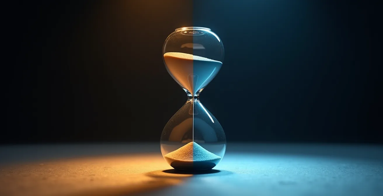 Métaphore visuelle d'un sablier avec deux sables de couleurs différentes ne se mélangeant pas