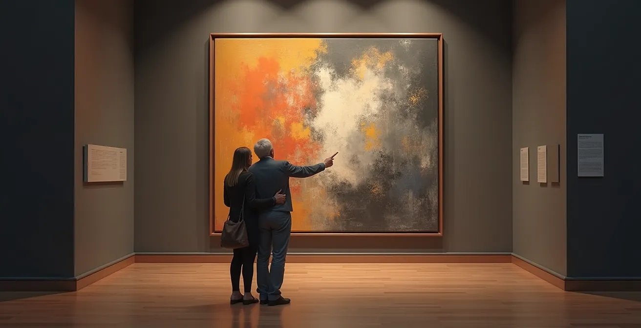 Couple contemplant une œuvre d'art dans un musée français avec lumière naturelle