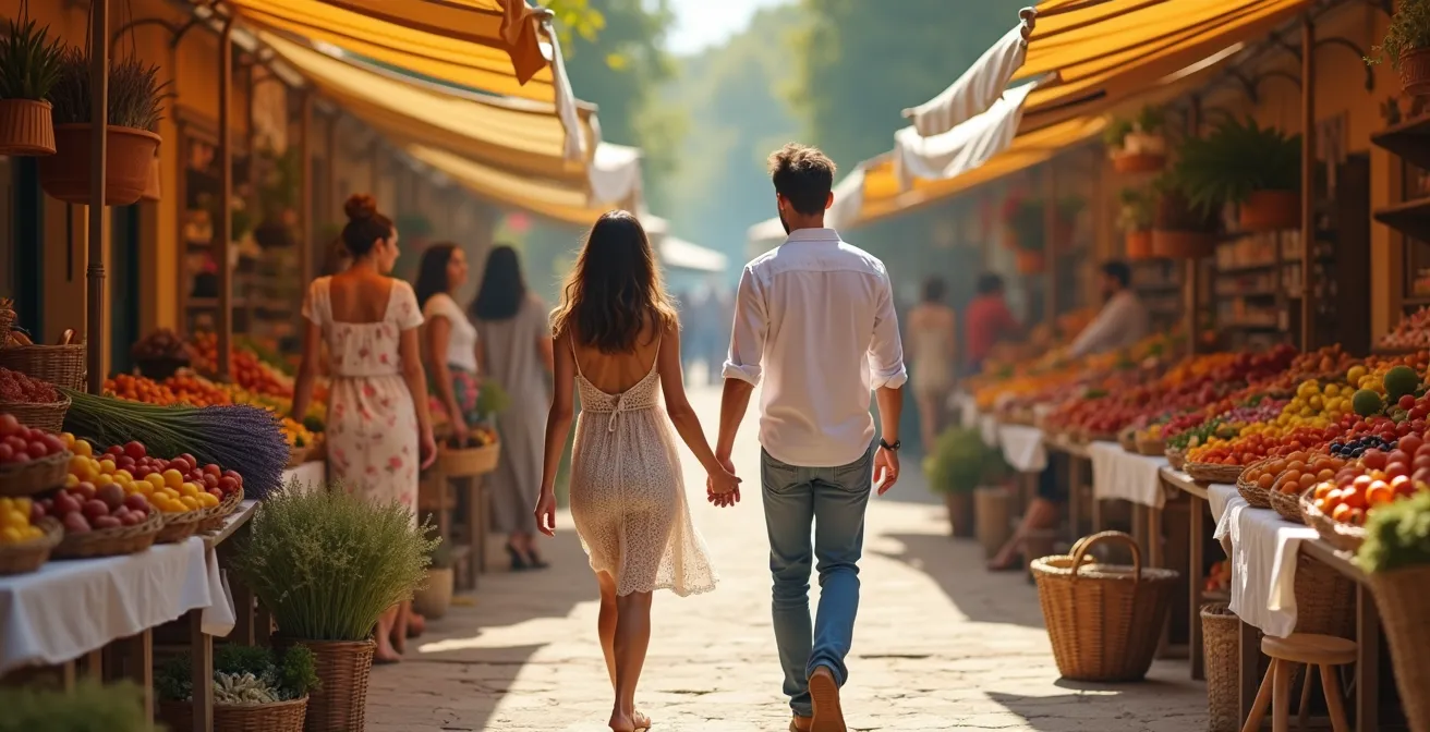 Couple explorant ensemble un marché provençal coloré avec paniers en osier