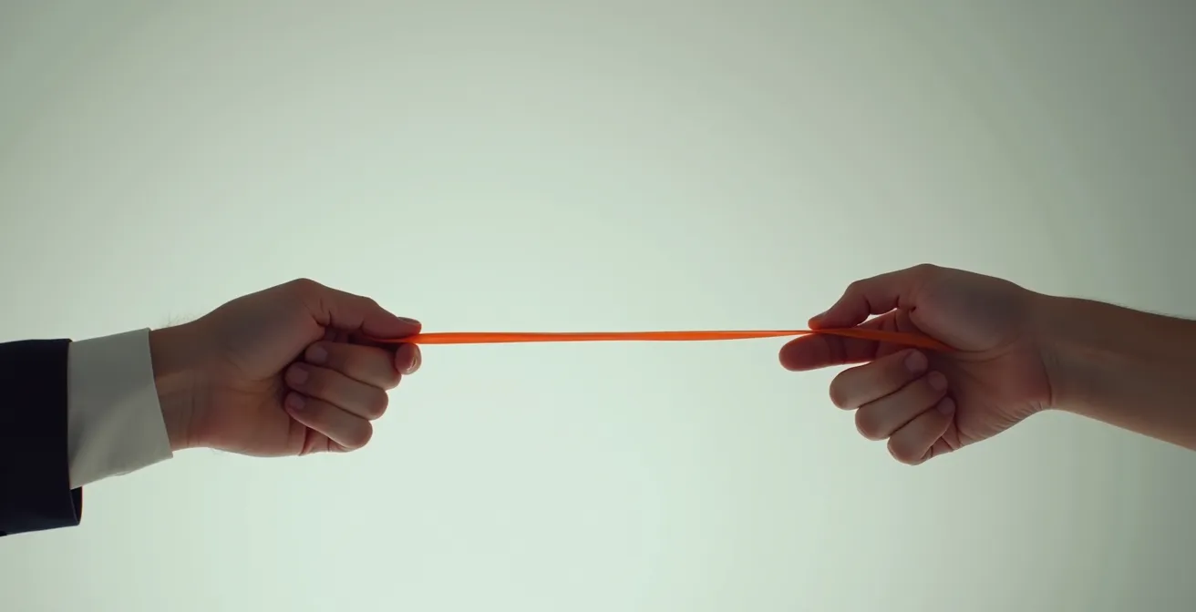 Métaphore visuelle d'un élastique tendu entre deux mains représentant la dynamique push-pull du couple anxieux-évitant