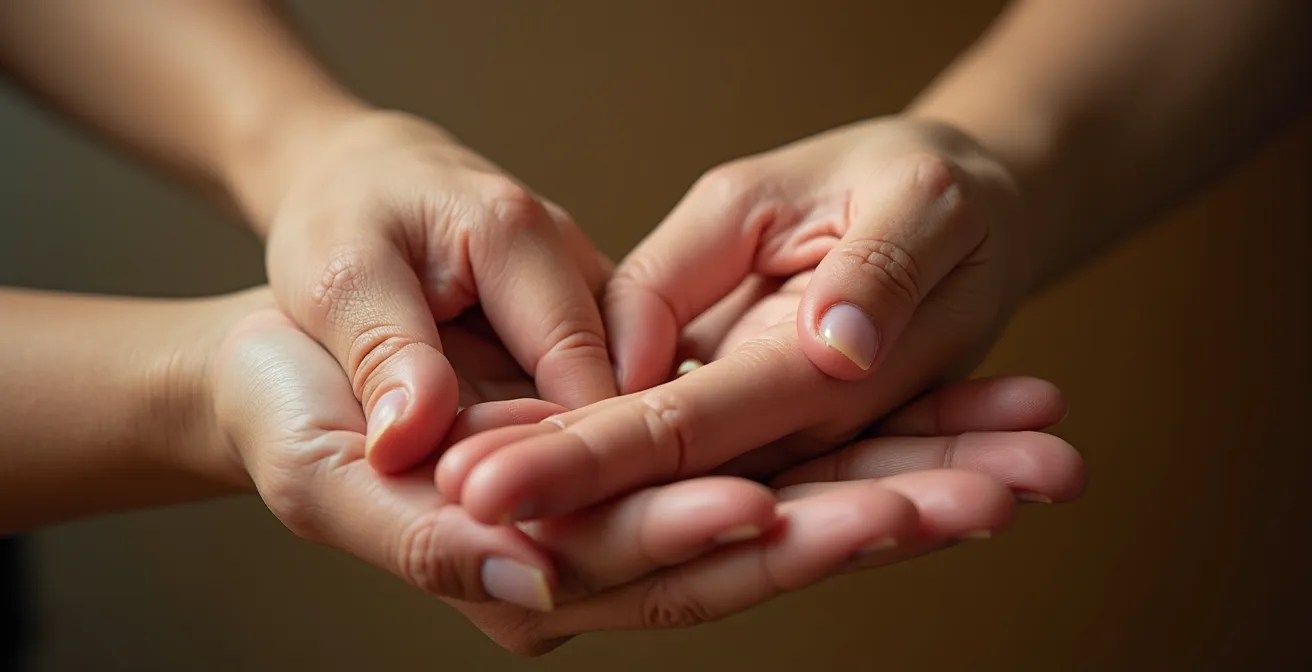 Détail macro d'une main posée délicatement sur une autre, symbolisant les micro-moments de connexion